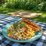 serving ditalini elote pasta salad with grilled chicken
