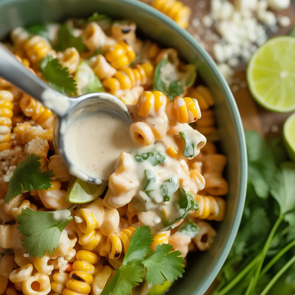 mixing ditalini elote pasta salad