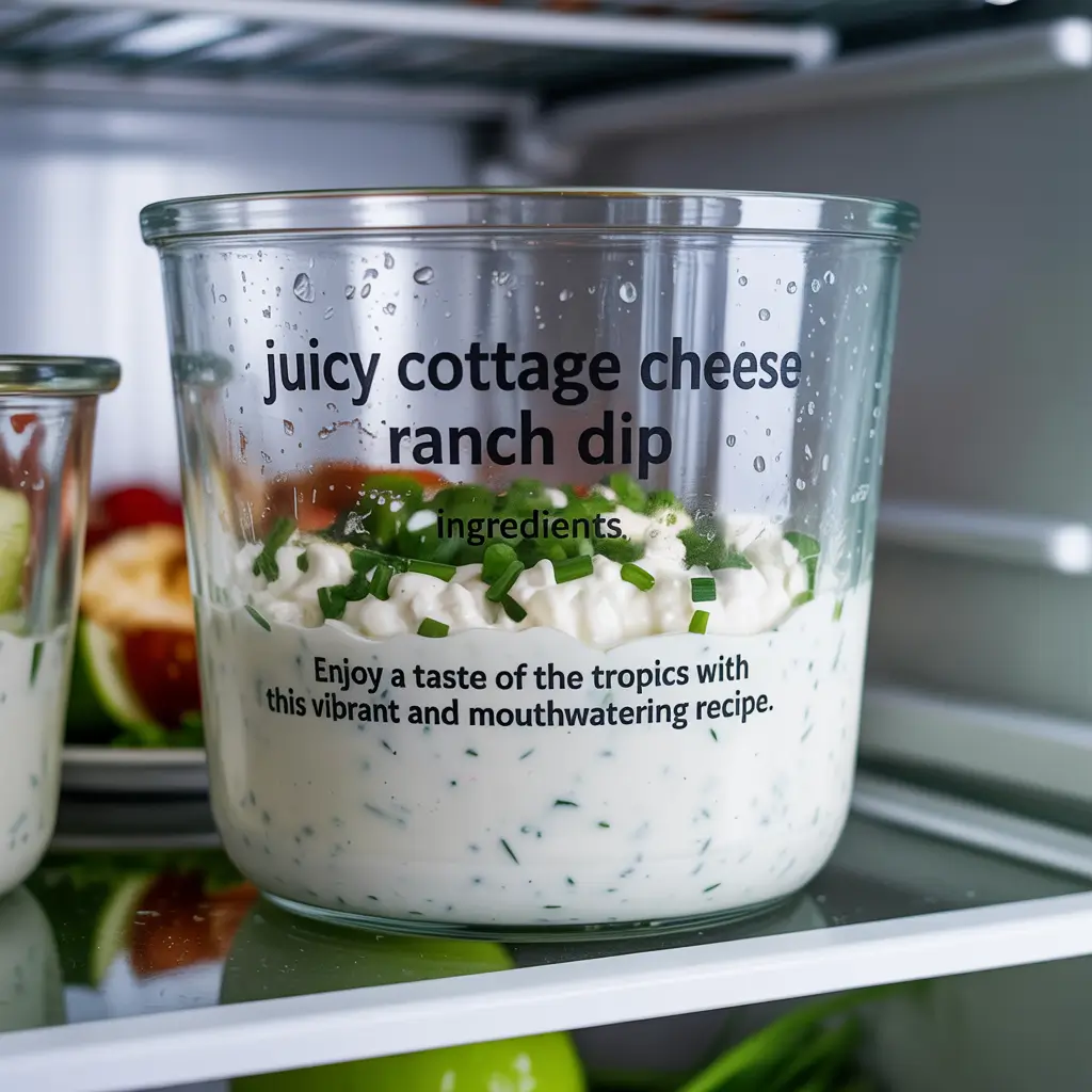 Glass container of leftover cottage cheese ranch dip in a fridge, labeled for meal prep
