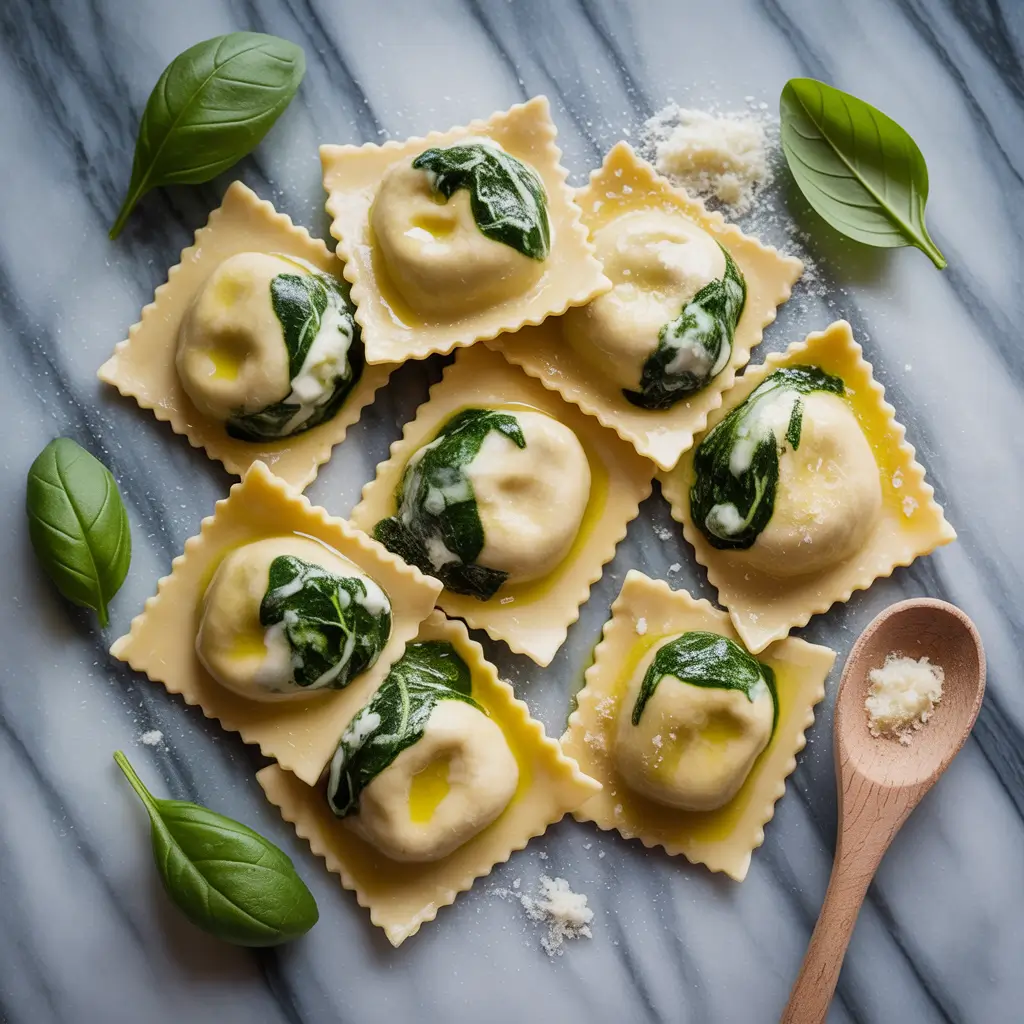 uncooked ricotta cheese and spinach ravioli on floured surface