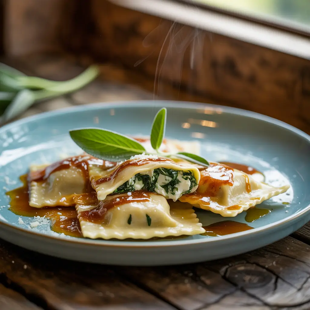 cooked spinach ricotta ravioli with butter sage sauce