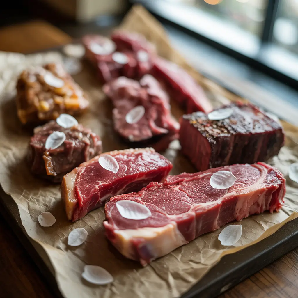 Assorted Carnivore Snax flavors on parchment