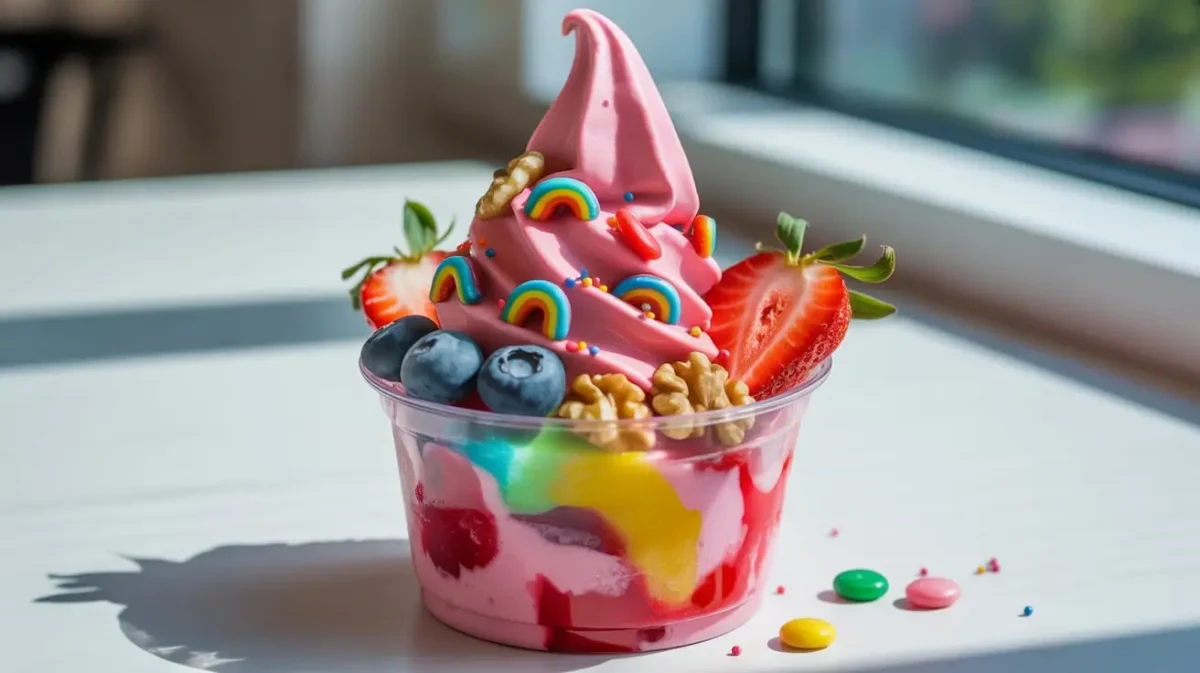 Frozen yogurt cup with colorful toppings at Top It Yogurt Shoppe