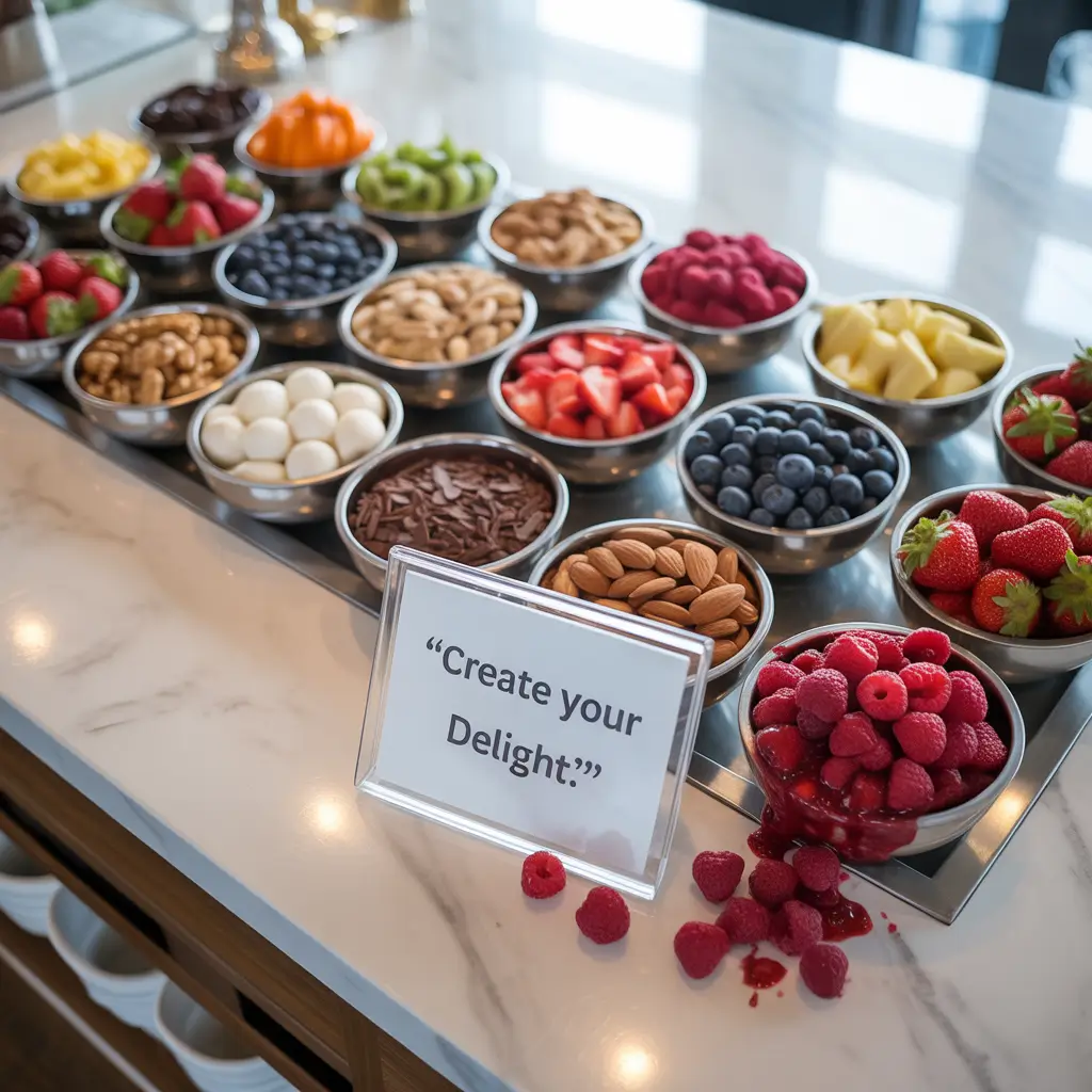 Frozen yogurt toppings bar at Top It Yogurt Shoppe