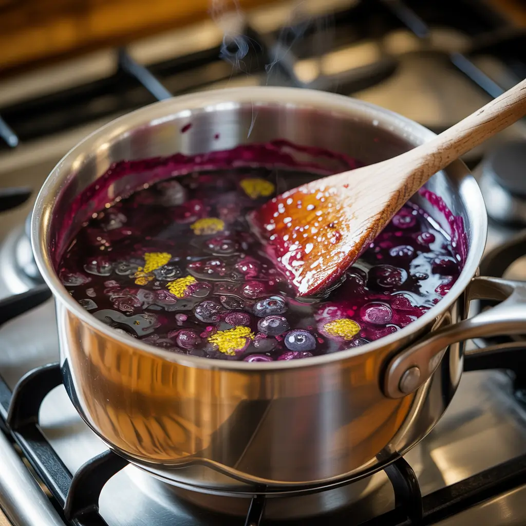 cooking blueberry and lemon jam in saucepan