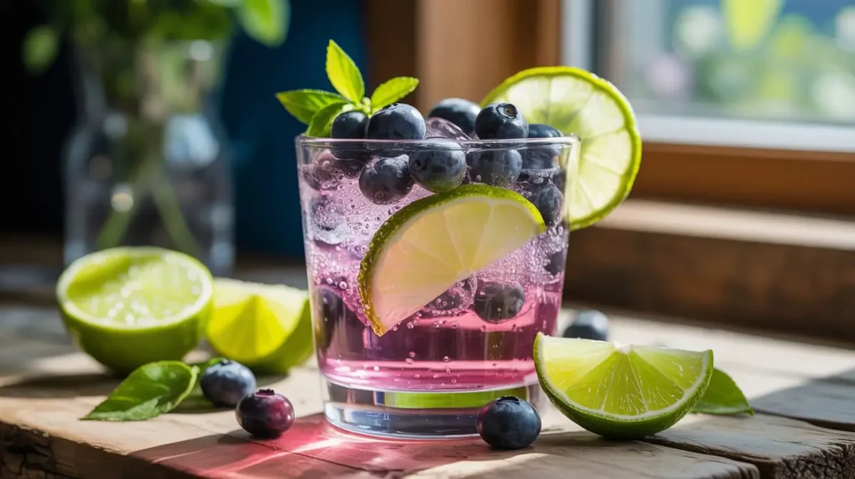 blueberry lime sprite in a chilled glass with fruit garnish