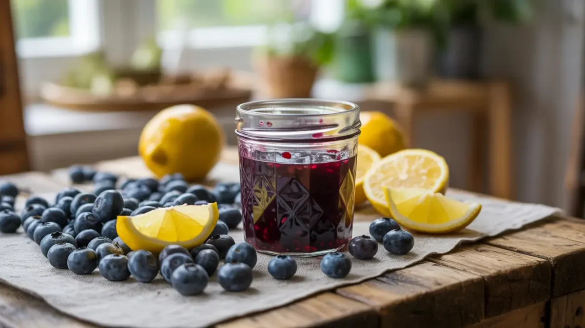 blueberry and lemon jam in glass jar with fresh fruit