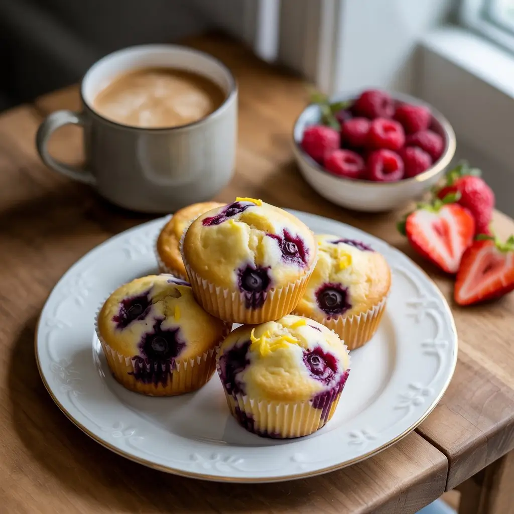 serving easy blueberry and lemon muffins with coffee