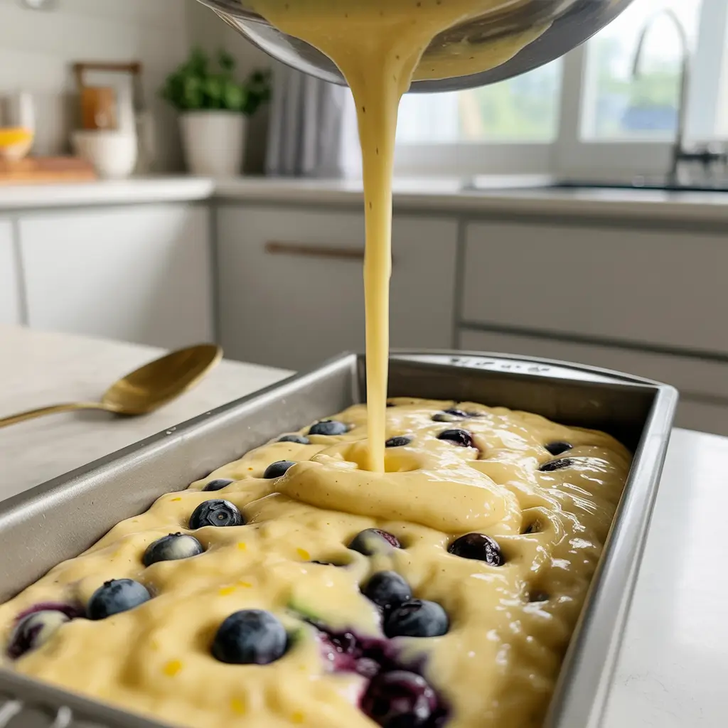 pouring lemon blueberry zucchini bread batter into loaf pan