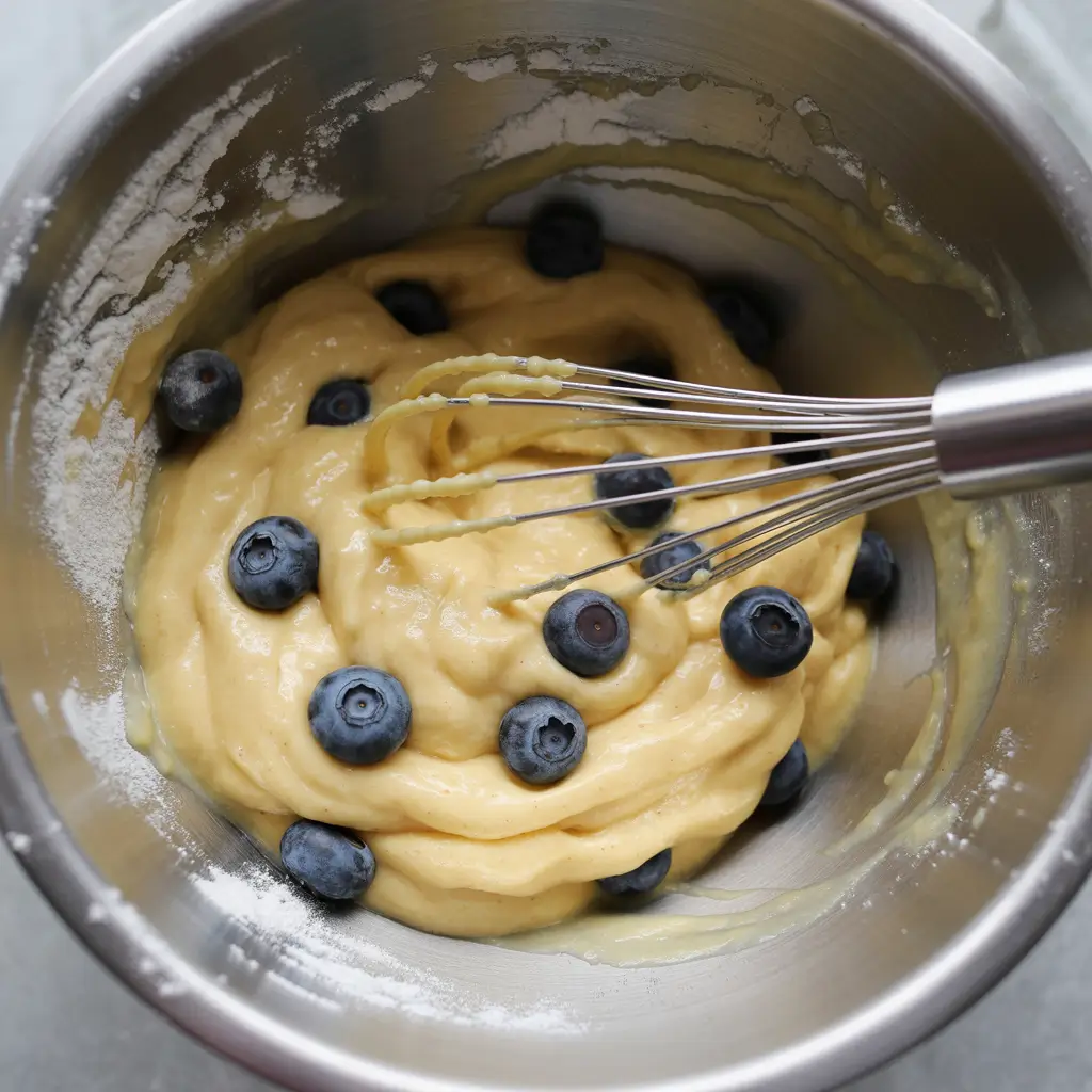 muffin batter preparation for easy blueberry and lemon muffins