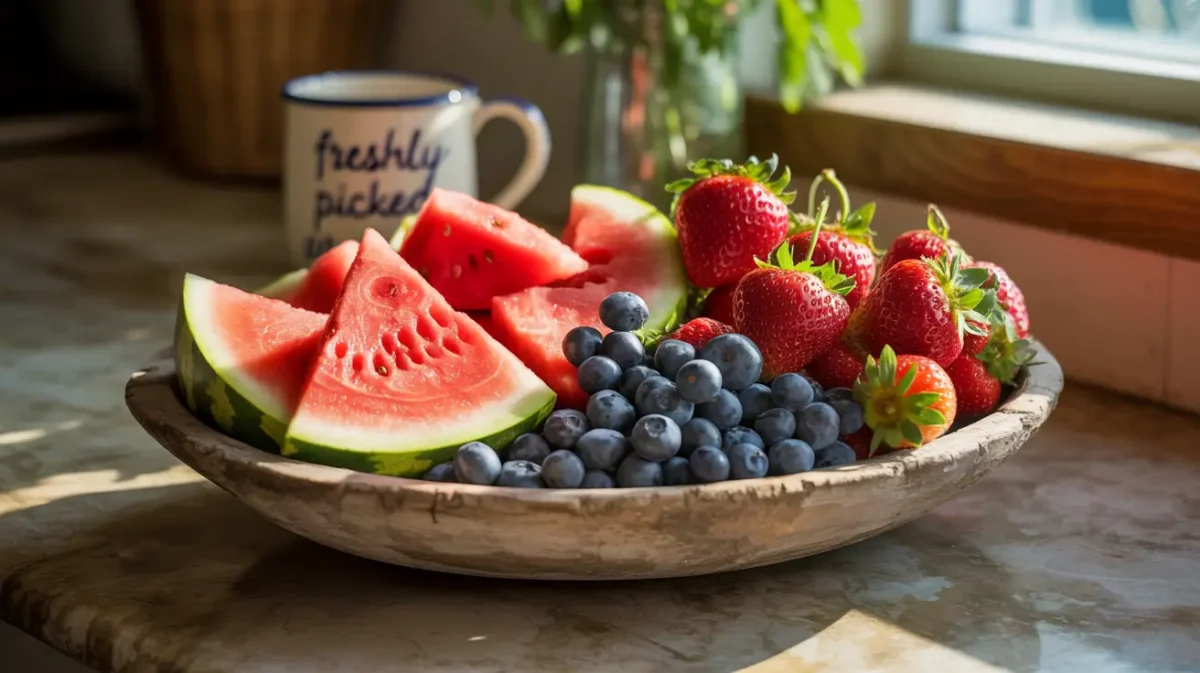 Lowest calorie fruit snacks bowl with watermelon, strawberries, and blueberries