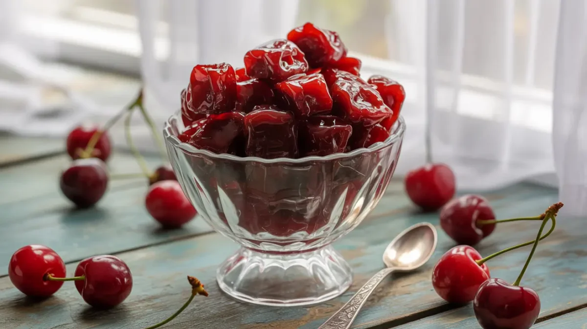 Fruit snacks cherry in a bowl with fresh cherries