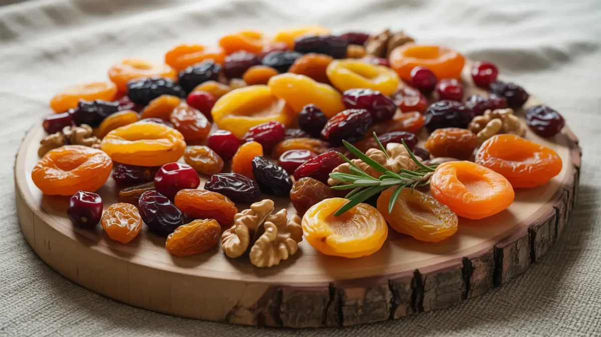 Hand held snack with dried fruit assorted on a wooden board