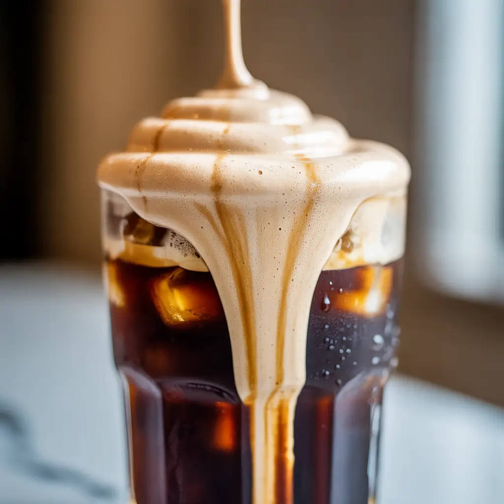 Pouring protein cold foam copycat over iced coffee