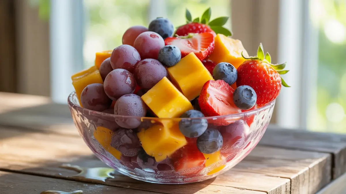 Frozen fruits snacks in a colorful bowl