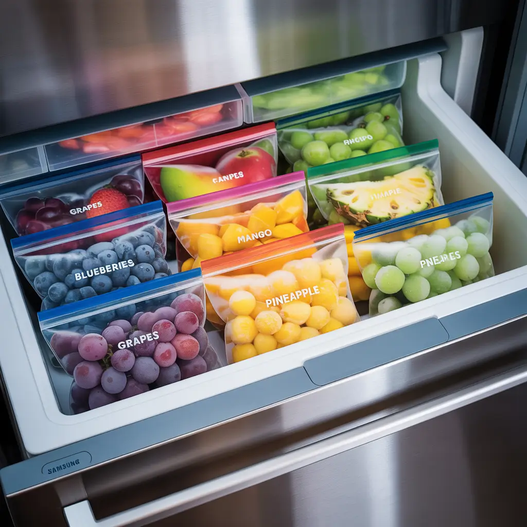 Storage of frozen fruits snacks in freezer