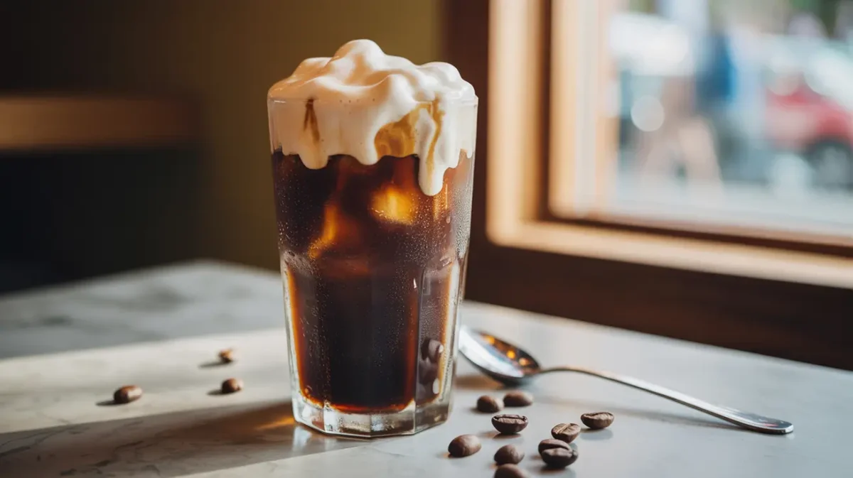 Protein cold foam copycat over iced coffee in café-style glass