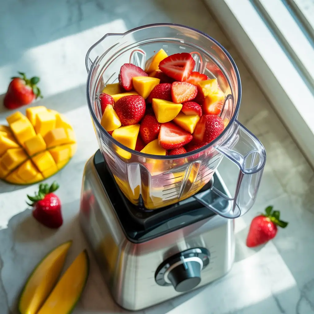 blending strawberries and mangoes for homemade fruit roll-ups recipe