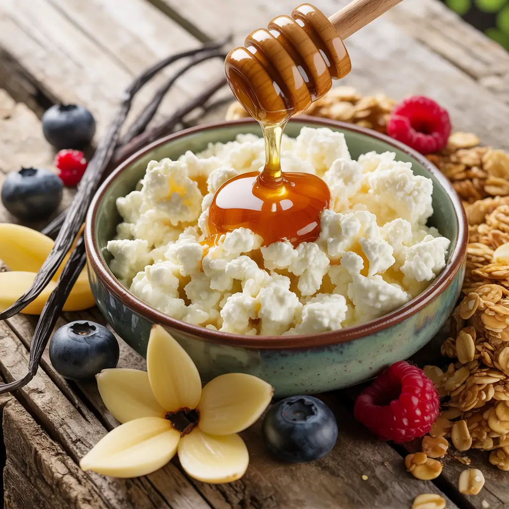 Cottage cheese bark ingredients bowl with honey and berries