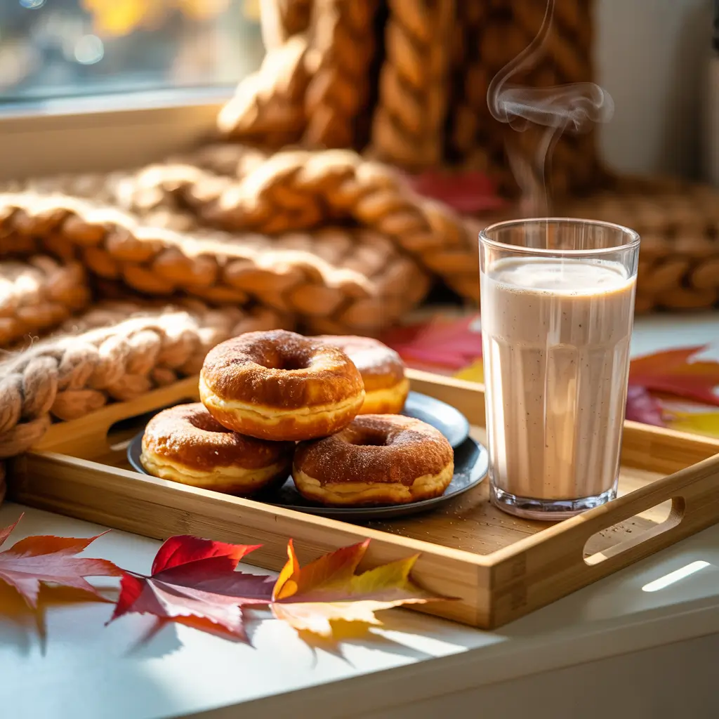 apple cider donuts served with a protein shake on wooden tray