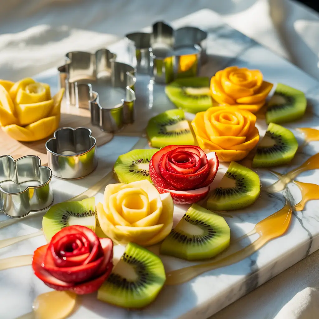 Preparing Beauty and the Beast fruit snacks with rose-shaped cutters on marble surface