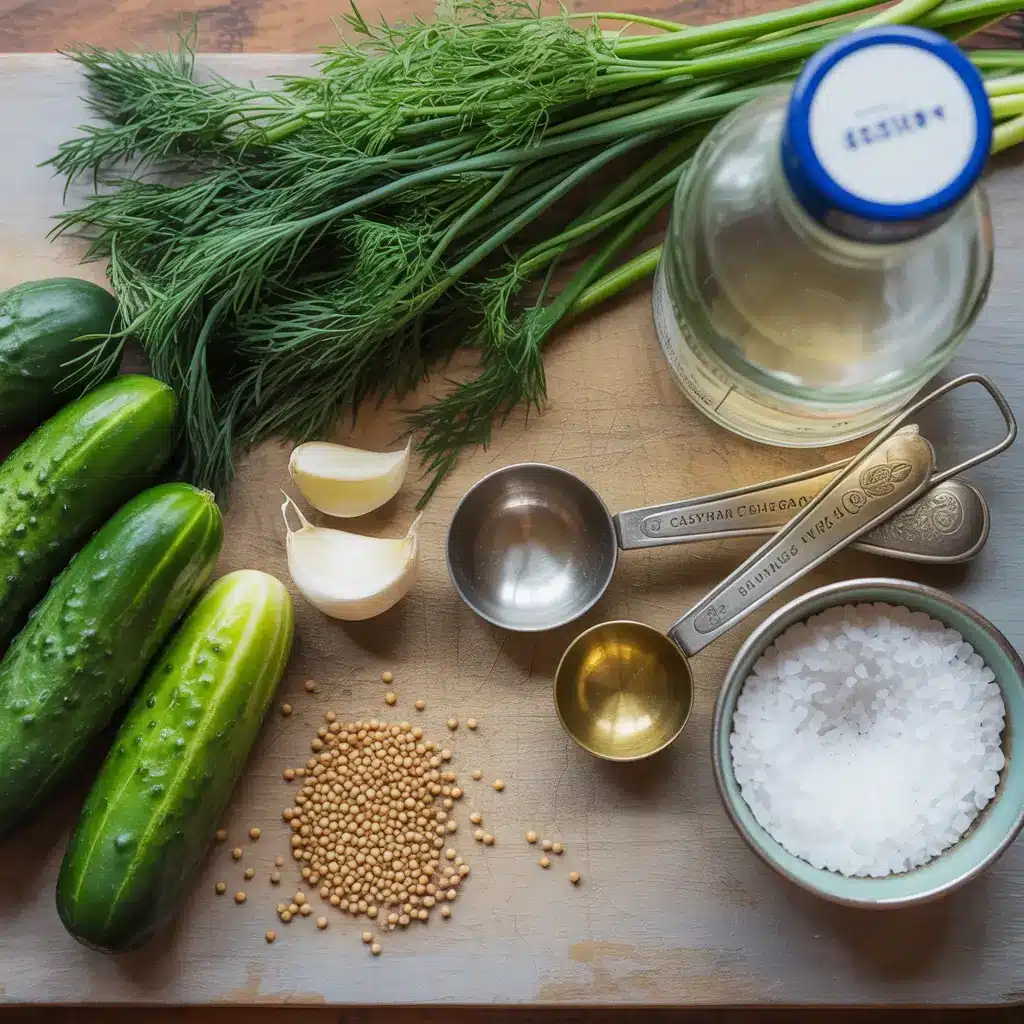 ingredients for pickle cucumbers dill recipe flat lay with cucumbers, dill, garlic, and vinegar