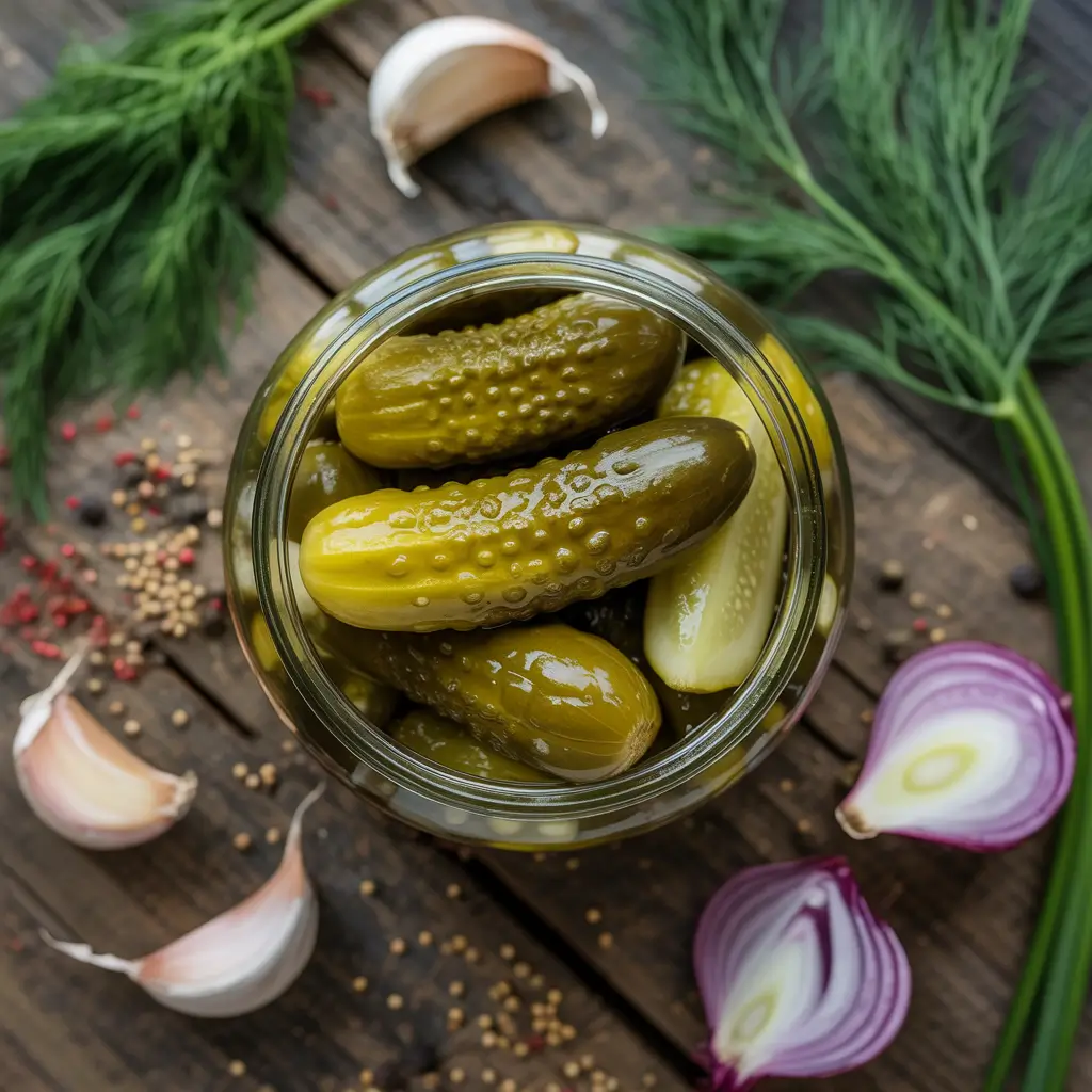 fresh dill pickle spears with garlic and herbs in refrigerator jar