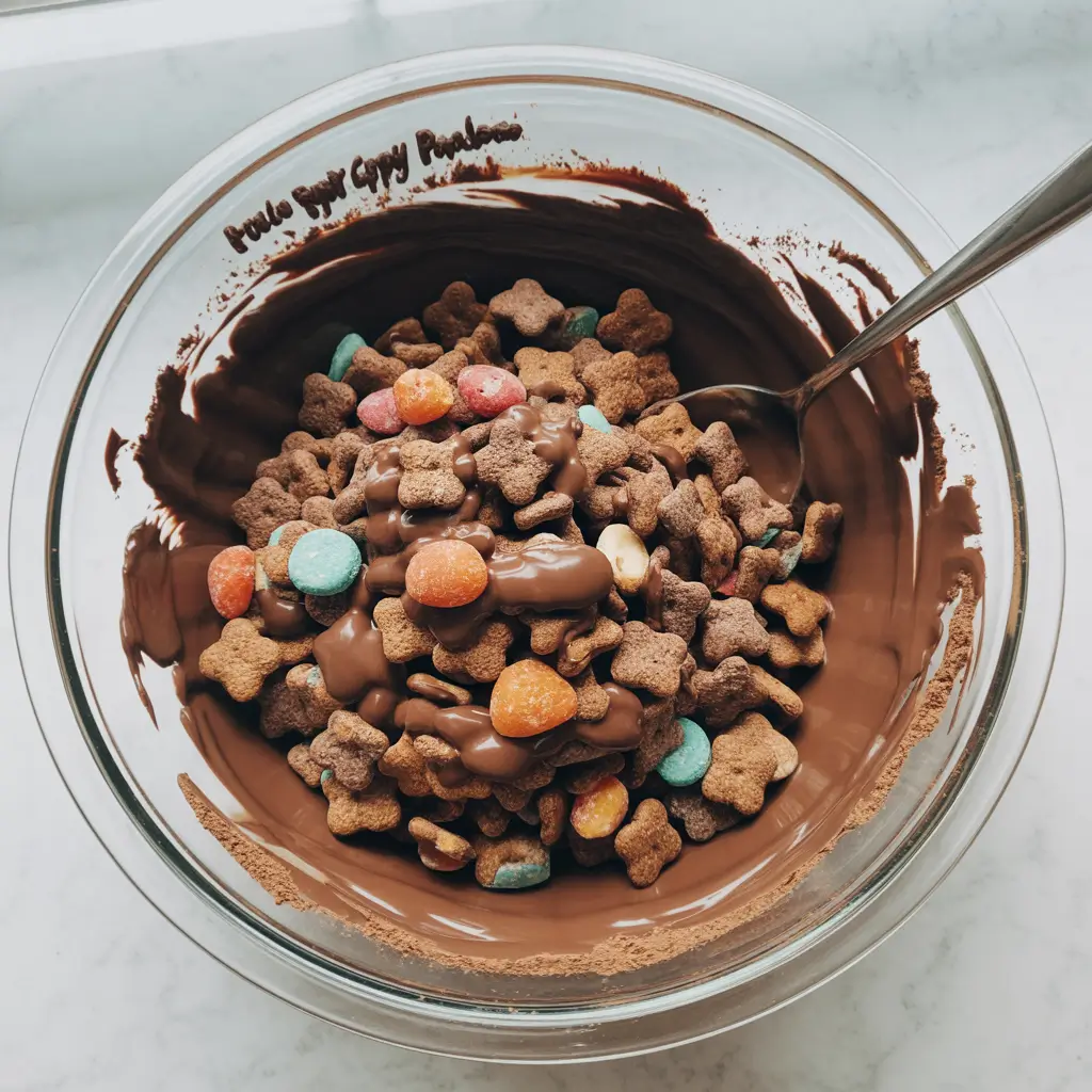 Mixing Protein Packed Puppy Chow with chocolate and peanut butter