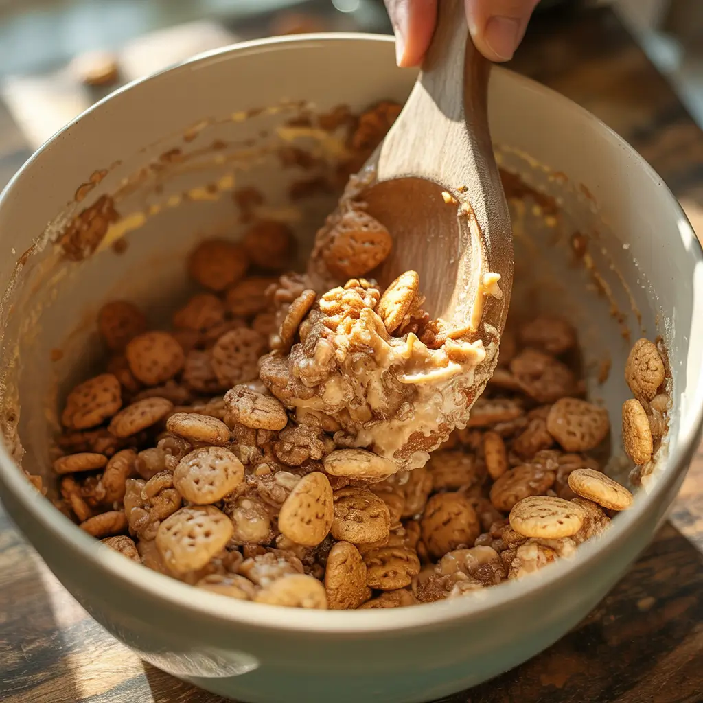 Making Cinnamon Toast Crunch cookie dough with butter and cereal pieces