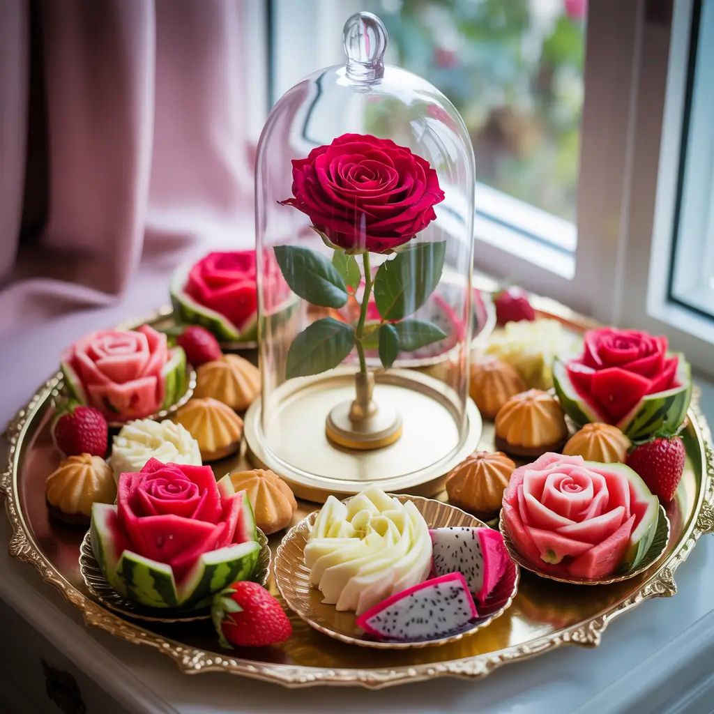Beauty and the Beast themed fruit snack board with rose centerpiece