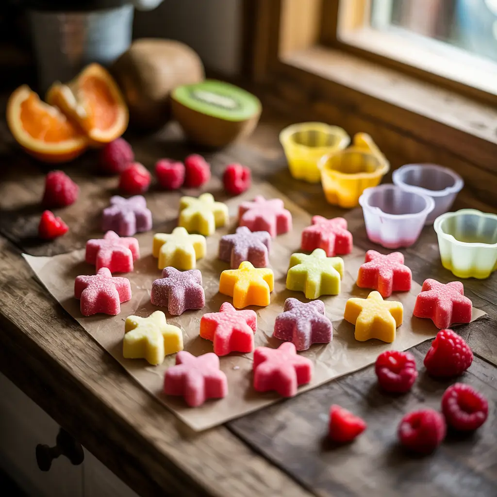 Homemade fruit gummies made with real fruit juice beside Juice Plus fruit snacks
