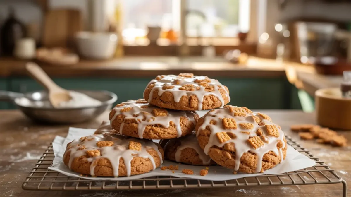 Cinnamon Toast Crunch Cookies fresh from the oven with crunchy cereal topping