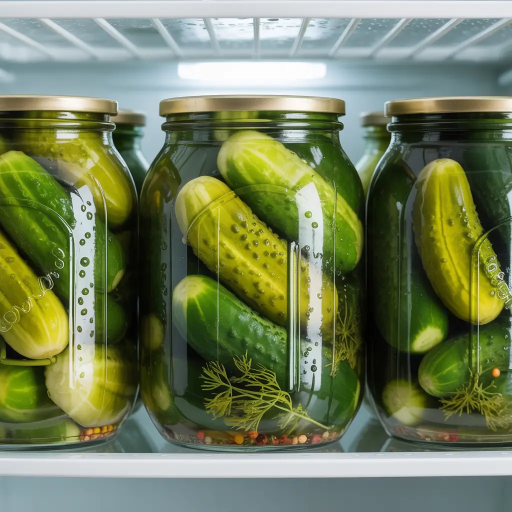 homemade dill pickles stored in fridge glass jar with condensation