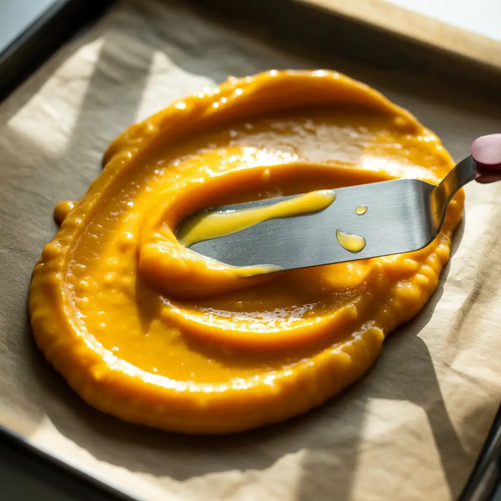spreading fruit puree evenly for homemade fruit roll-ups before dehydration