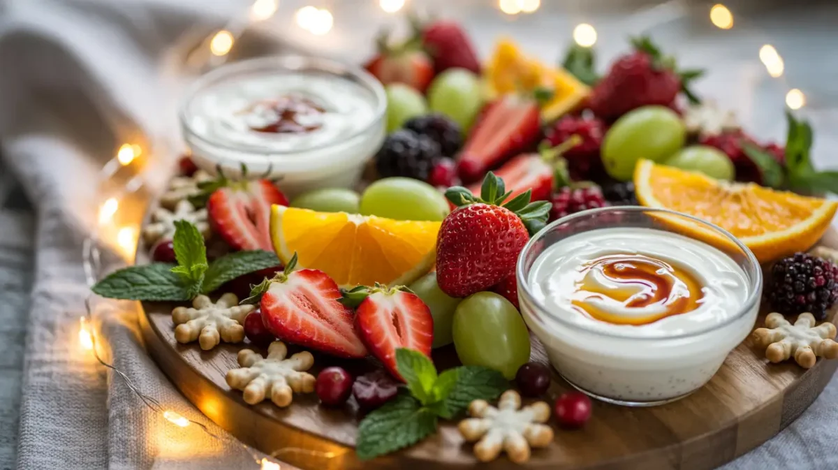 healthy holiday snacks aesthetic with fruits and dips