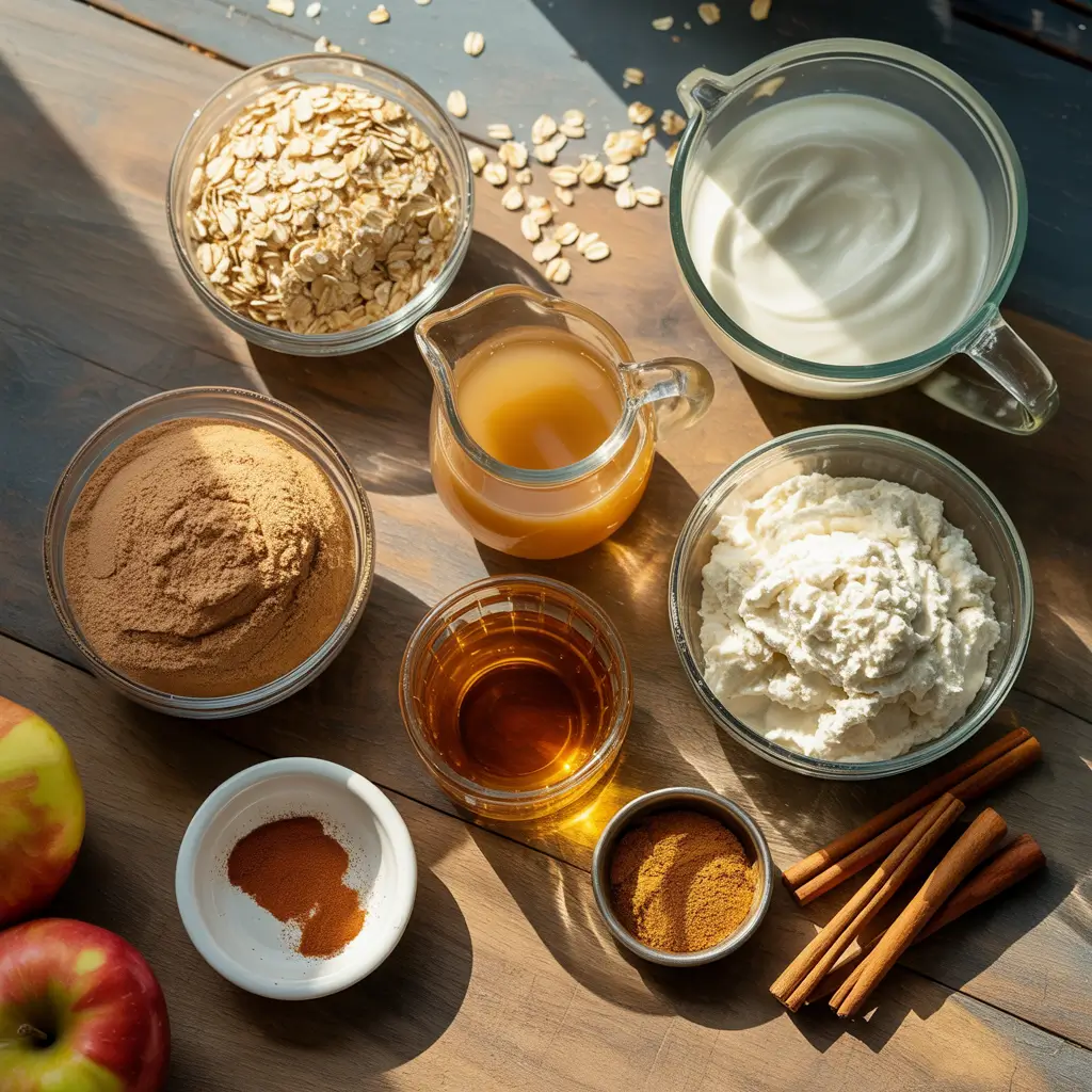 apple cider donut protein powder ingredients laid out on kitchen counter