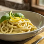 15-minute lemon ricotta pasta with lemon zest and basil garnish