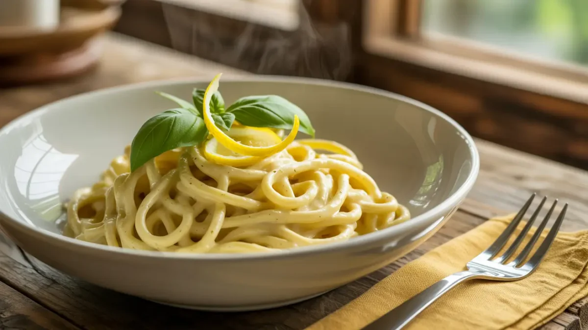 15-minute lemon ricotta pasta with lemon zest and basil garnish