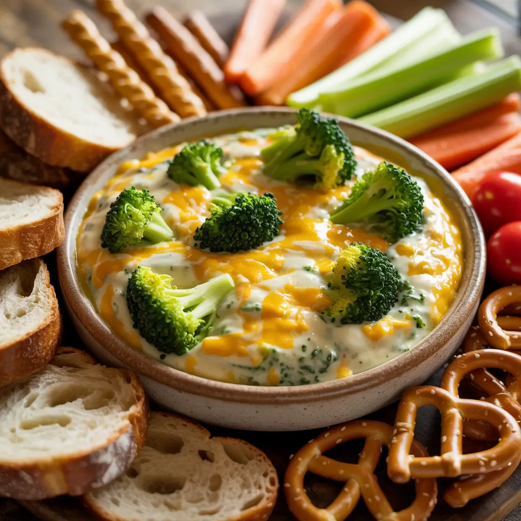 Broccoli cheddar dip served with bread and pretzels
