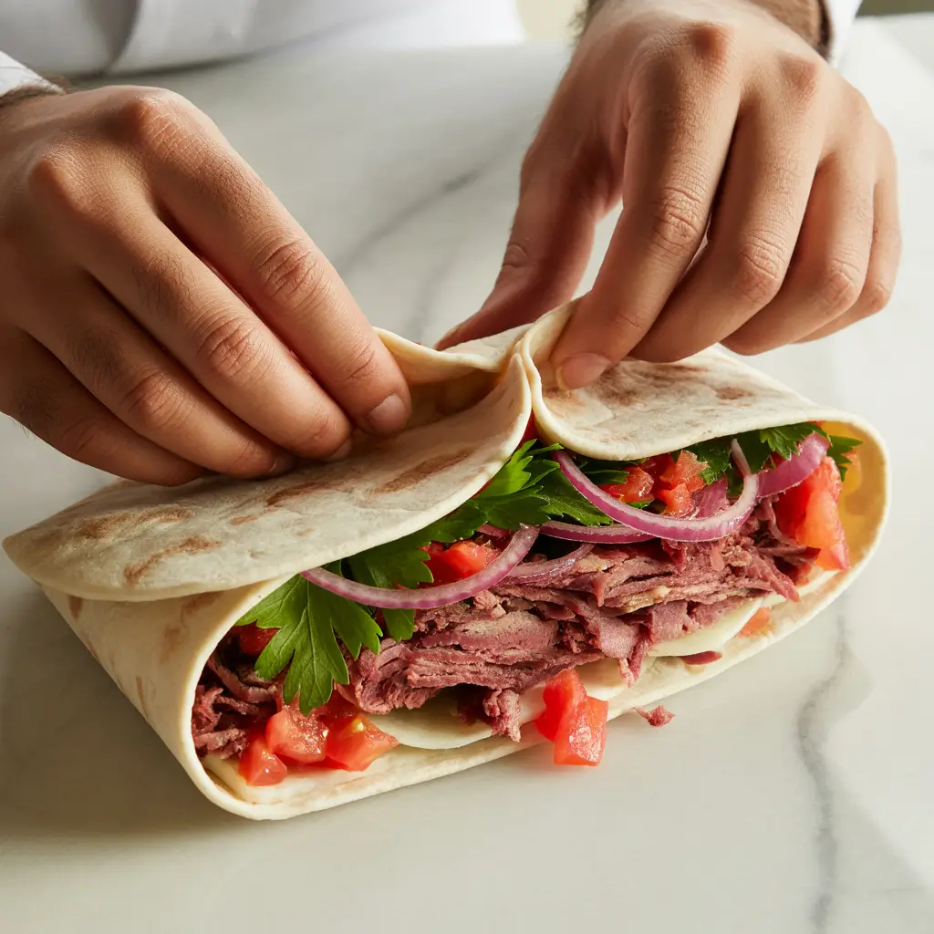 Turkish dürüm wrap filled with doner kebab