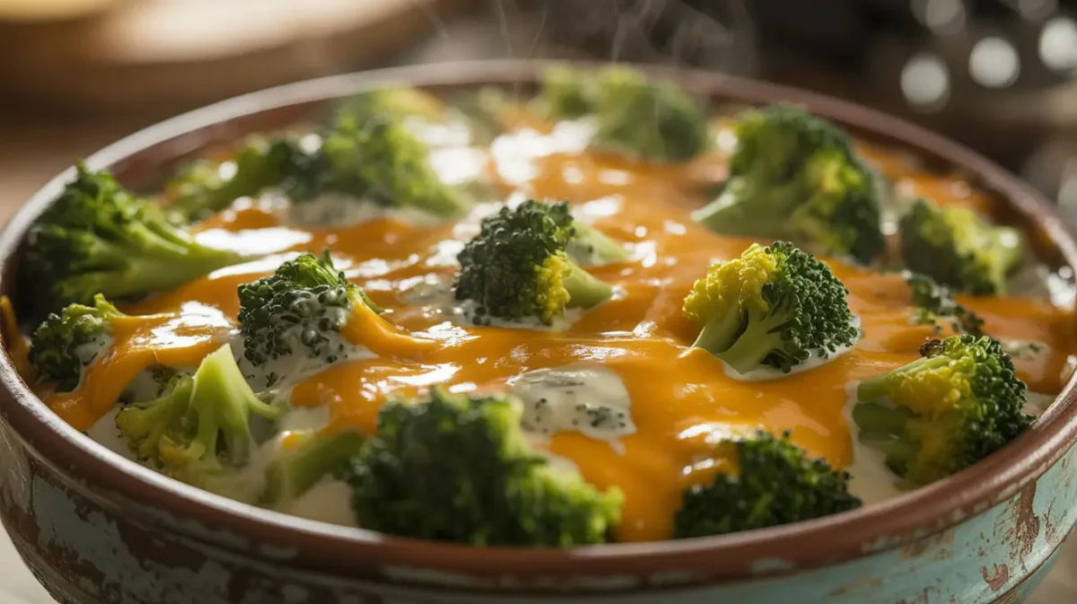 Creamy broccoli cheddar dip with melted cheese
