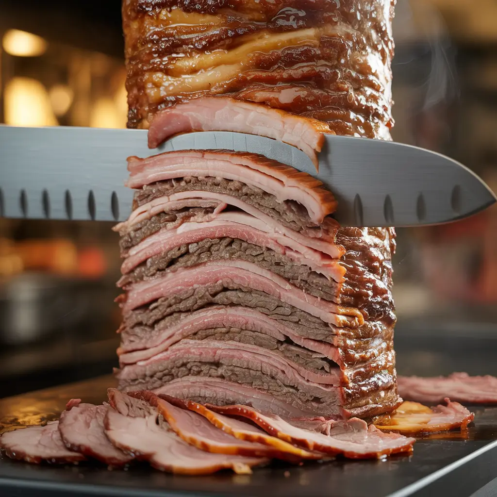 Slicing oven-cooked Turkish doner kebab log