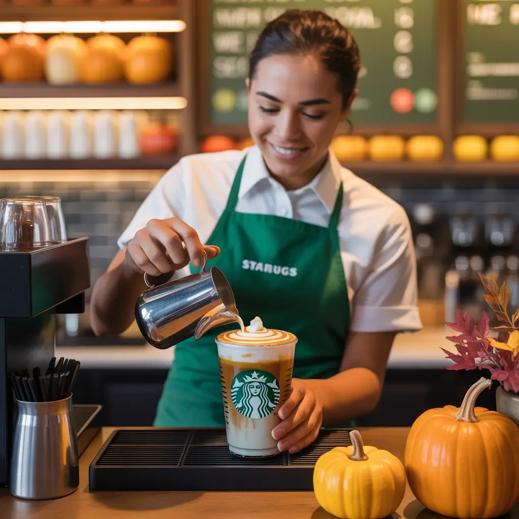 Barista making Pumpkin Spice Latte 2025 at Starbucks