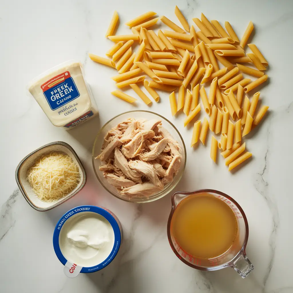 Chicken Alfredo Noodle Casserole ingredients flat lay