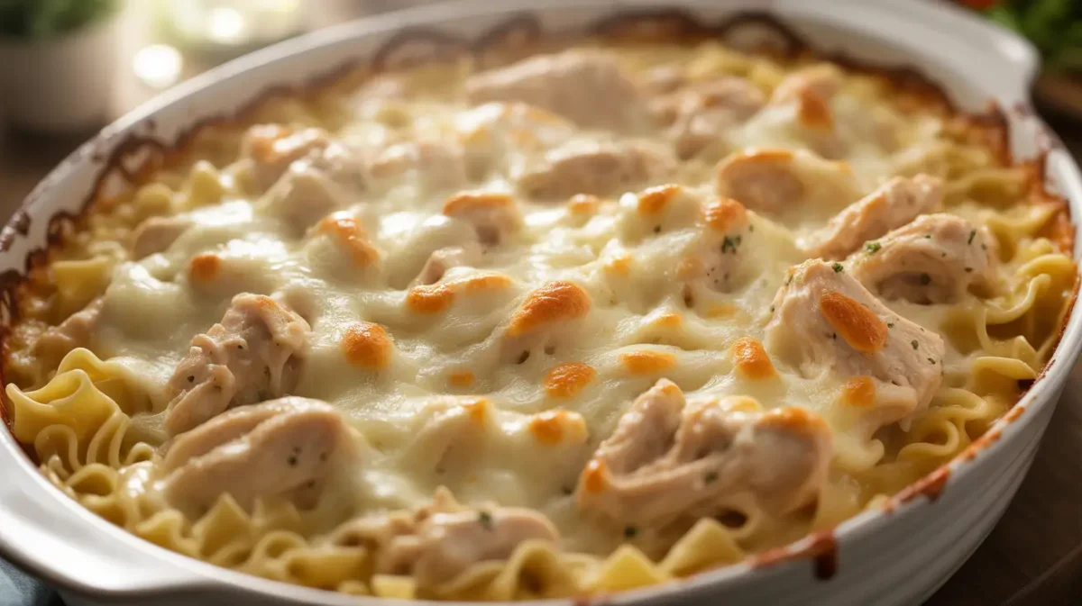 Chicken Alfredo Noodle Casserole fresh from the oven
