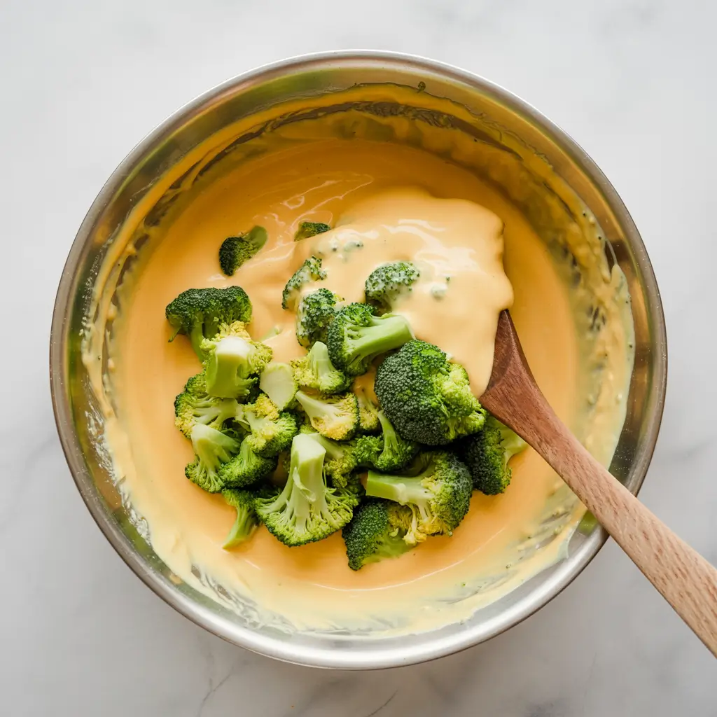 Mixing broccoli into creamy cheddar dip