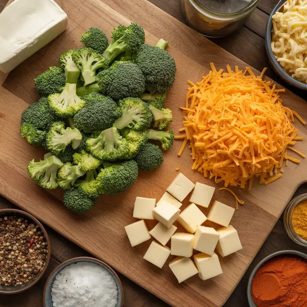 Ingredients for homemade broccoli cheddar dip