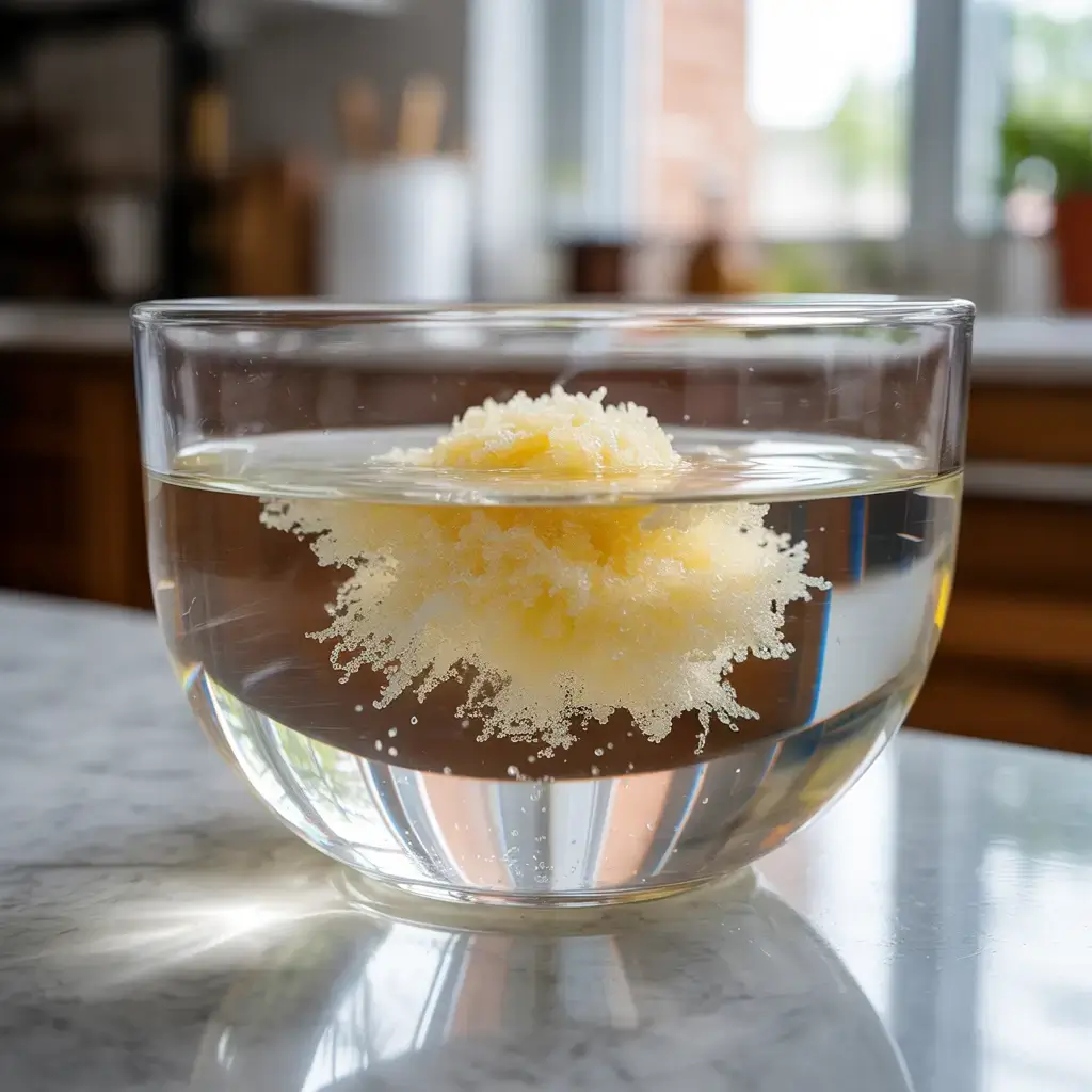 Gelatin powder dissolving in water demonstrating satiety effect