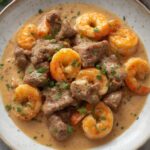 Creamy Steak & Shrimp with Peppercorn Sauce