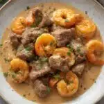 Creamy Steak & Shrimp with Peppercorn Sauce